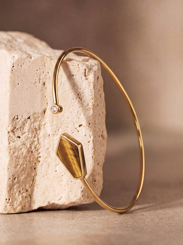 Dev Tiger Eye & Lab Diamond Cuff Bangle - 18k Gold Vermeil - Small