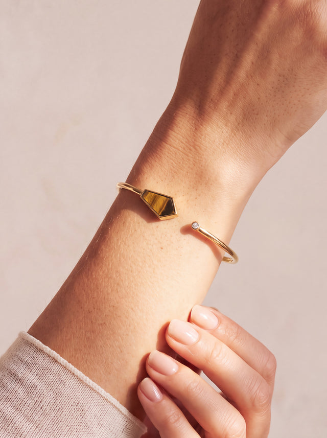 Dev Tiger Eye & Lab Diamond Cuff Bangle - 18k Gold Vermeil - Small