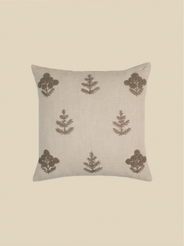 Nomad Floral Embroidered Cotton–Linen Cushion - Green