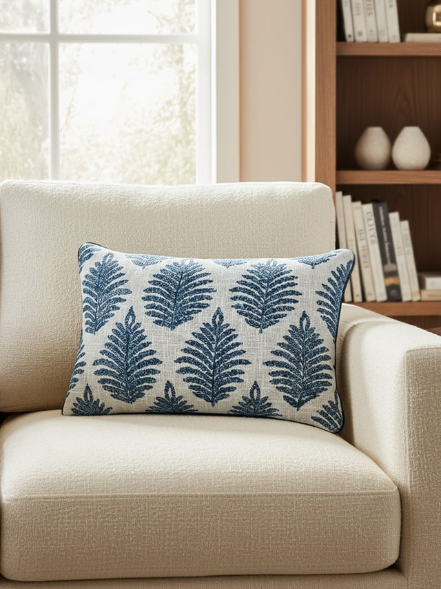 Azure Floral Cotton Embroidered Cushion