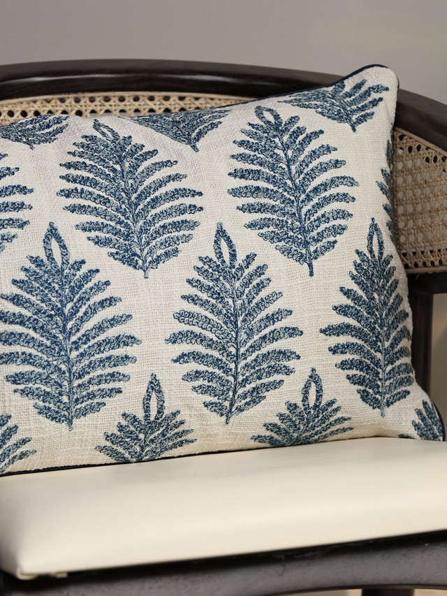 Azure Floral Cotton Embroidered Cushion