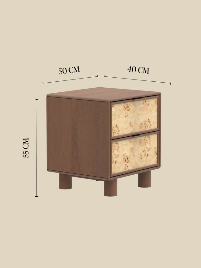 Aurea Burl Two Drawer Bedside Table - Walnut