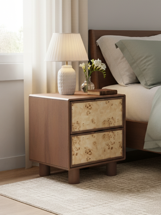 Aurea Burl Two Drawer Bedside Table - Walnut