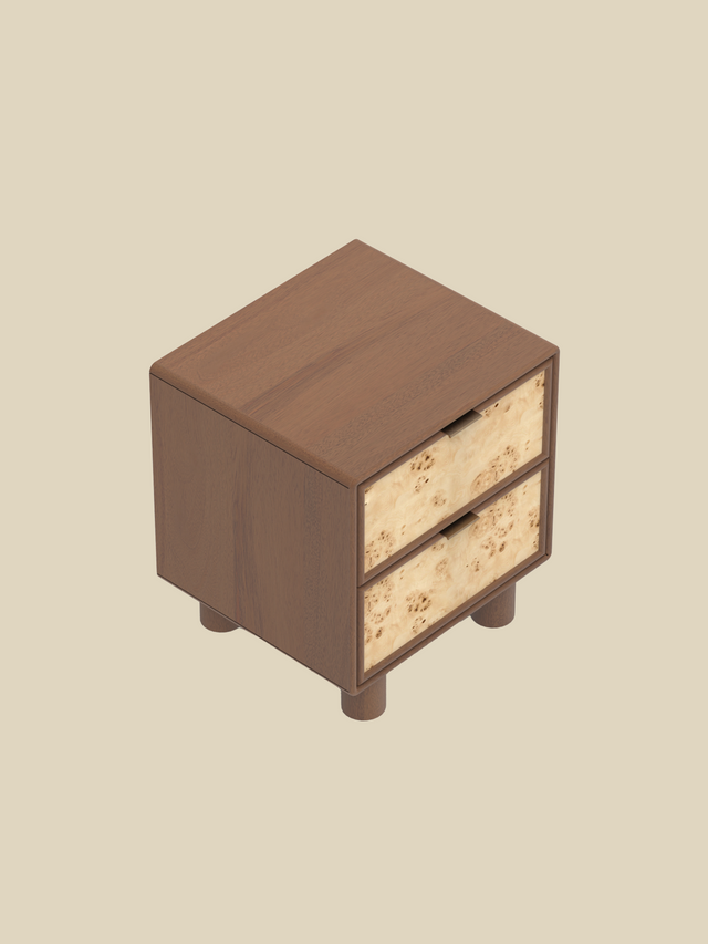 Aurea Burl Two Drawer Bedside Table - Walnut