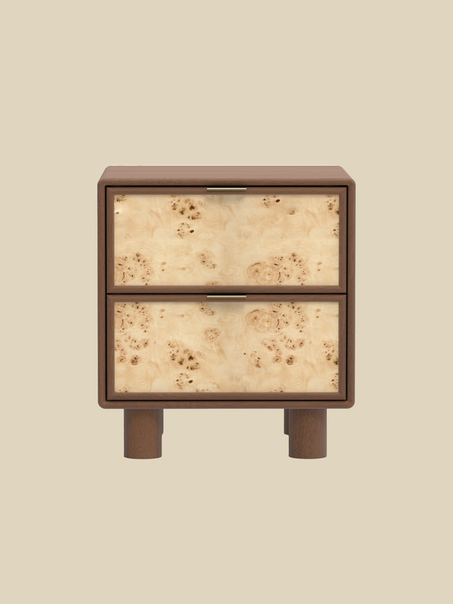 Aurea Burl Two Drawer Bedside Table - Walnut