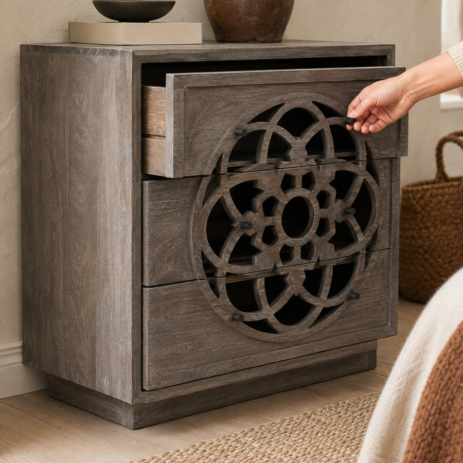 Grey Finish, Carved Drawer Fronts
