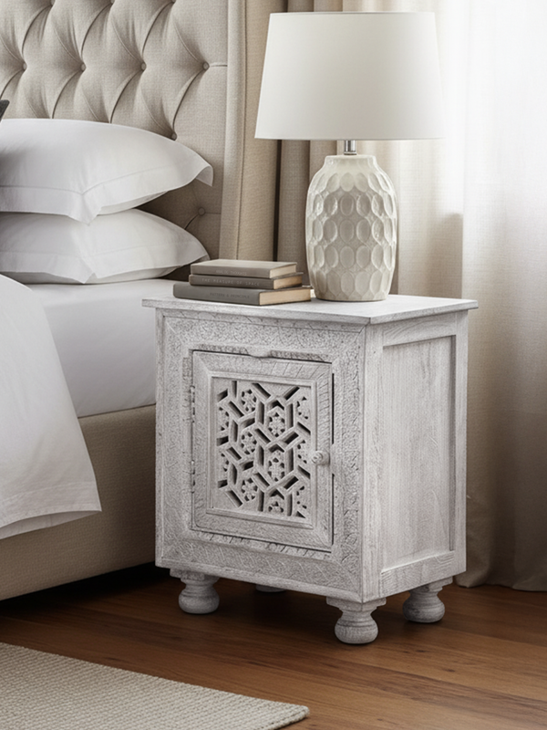 Grace Carved Wooden Bedside Table - Small
