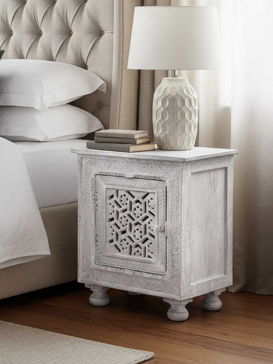 Grace Carved Wooden Bedside Table - Small