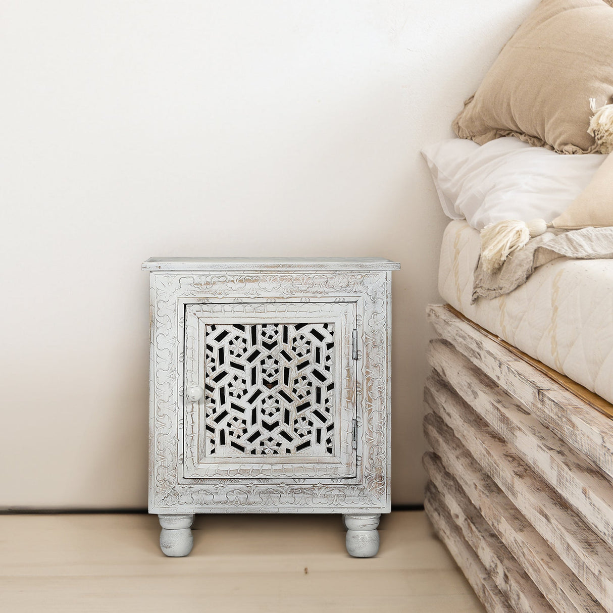 Zinnia Floral Carved Wooden Side Table