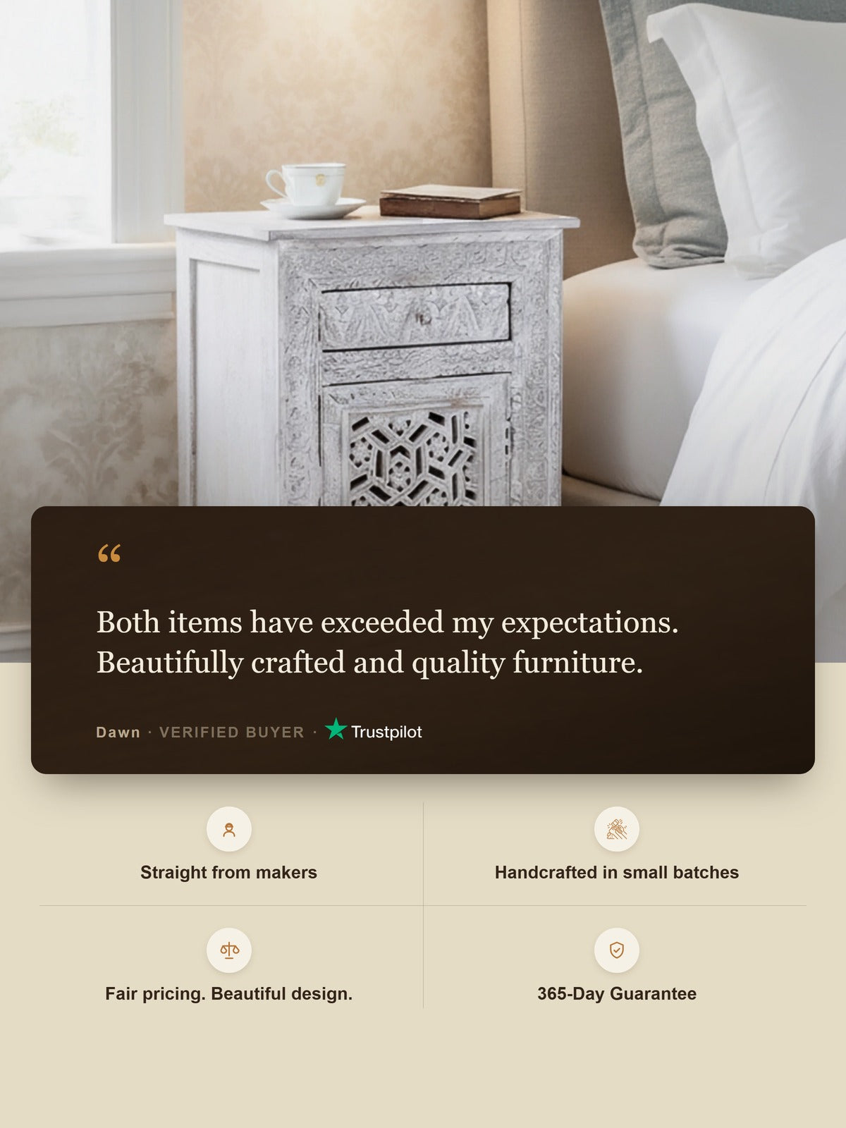 Grace Carved Wooden Bedside Table - Large