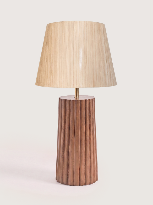 Brian Silk Lampshade with Fluted Mango Wood Base