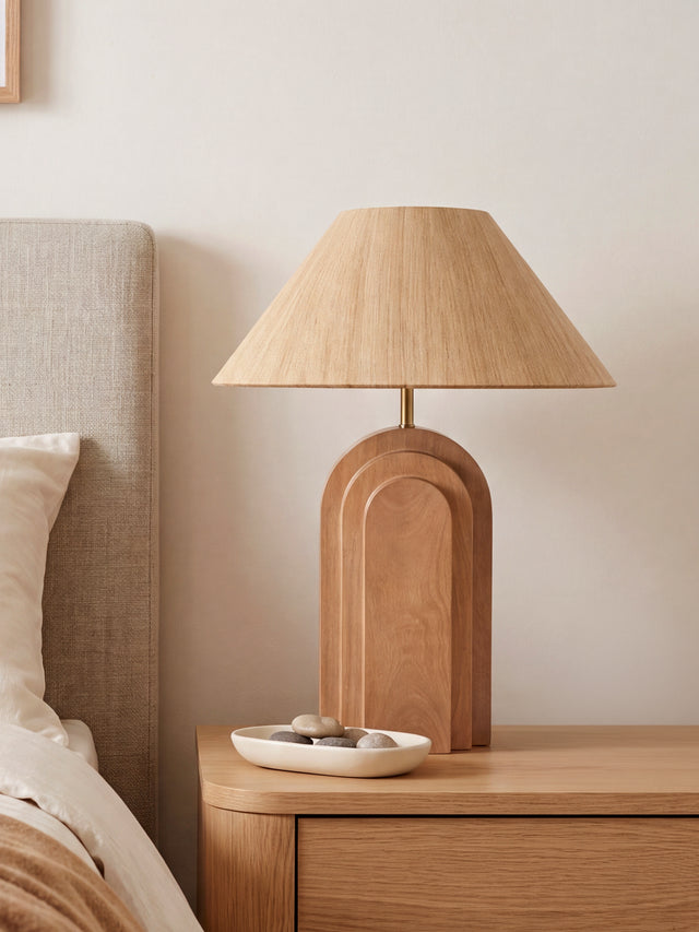 Olivia Raw Silk Lampshade with Geometric Mango Wood Base