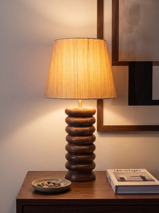 Brian Silk Lampshade with Sculptural Mango Wood Base