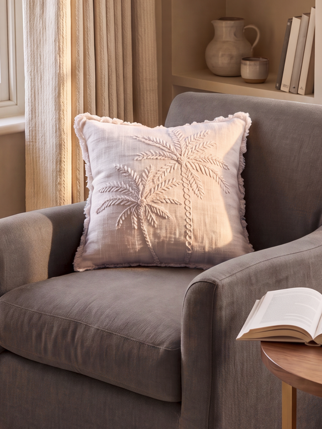 Ivory Palm Embroidered Cotton Cushion