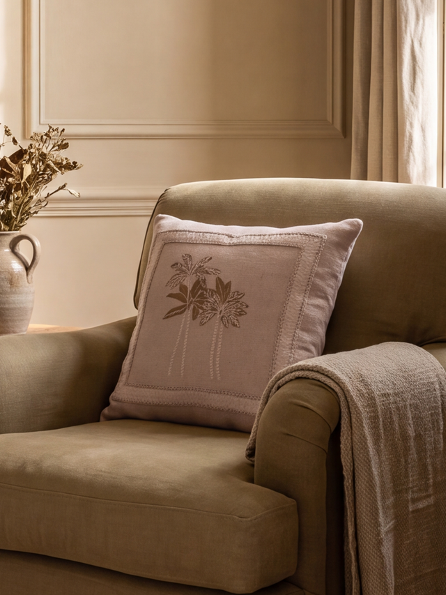 Coastal Palm Embroidered Cotton Cushion
