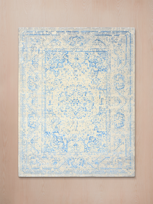 Samar Aqua Blue Wool & Bamboo Silk Hand-Knotted Rug - Off-White