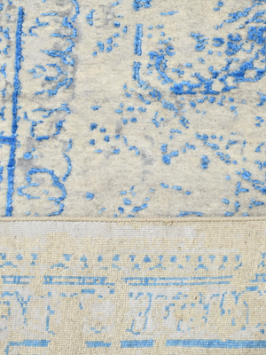 Samar Aqua Blue Wool & Bamboo Silk Hand-Knotted Rug - Off-White