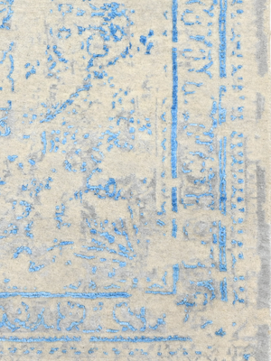 Samar Aqua Blue Wool & Bamboo Silk Hand-Knotted Rug - Off-White
