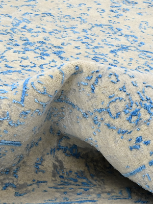 Samar Aqua Blue Wool & Bamboo Silk Hand-Knotted Rug - Off-White