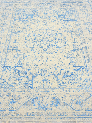 Samar Aqua Blue Wool & Bamboo Silk Hand-Knotted Rug - Off-White