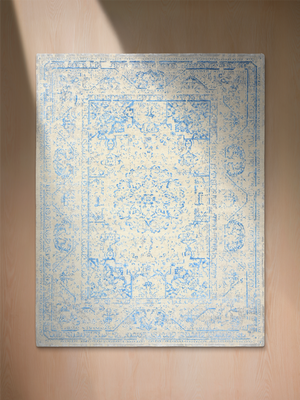 Samar Aqua Blue Wool & Bamboo Silk Hand-Knotted Rug - Off-White
