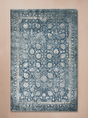 Lurex Hand-Knotted Wool & Bamboo Silk Persian Rug - Teal Blue