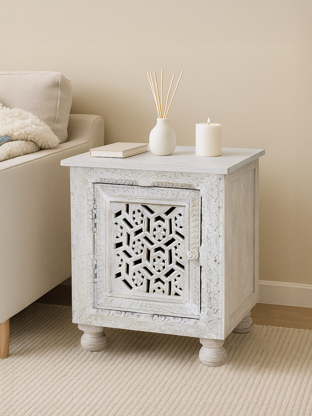 Grace Carved Wooden Bedside Table - Small