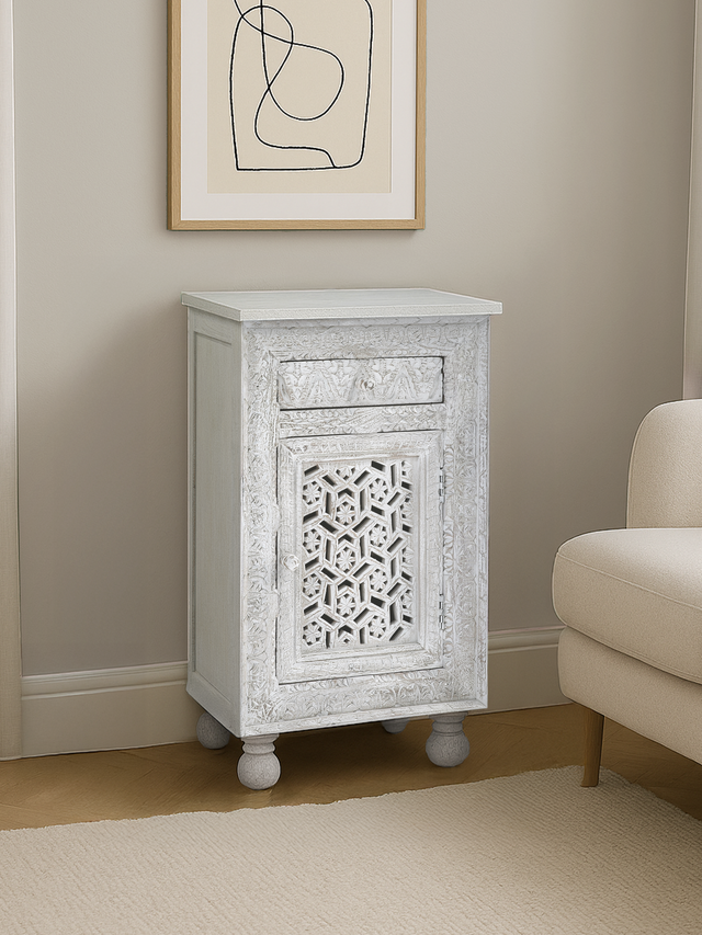 Grace Carved Wooden Bedside Table - Large