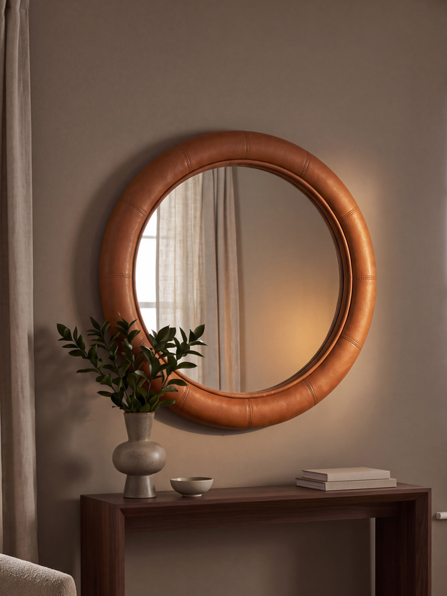 Rosso Leather Round Mirror - Tan