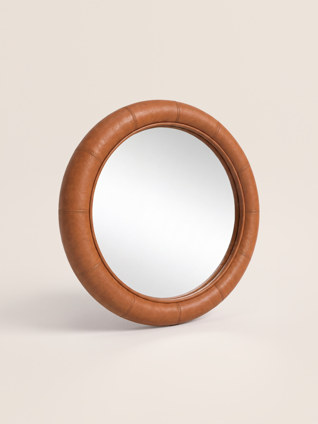 Rosso Leather Round Mirror - Tan