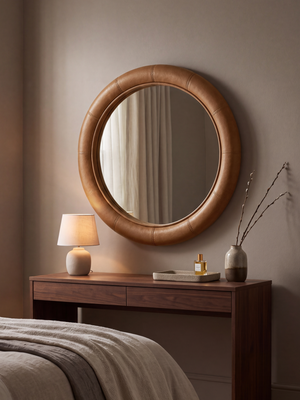 Rosso Leather Round Mirror - Tan