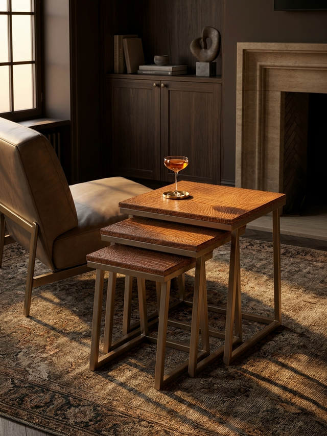 Caden Croco Print Leather Nesting Tables, Set of 3 - Tan