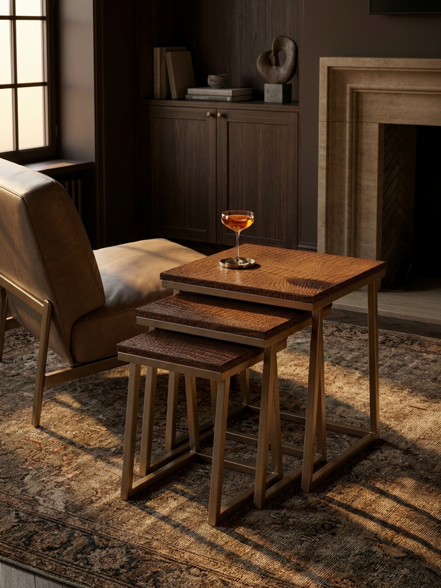 Caden Croco Print Leather Nesting Tables, Set of 3 - Tan