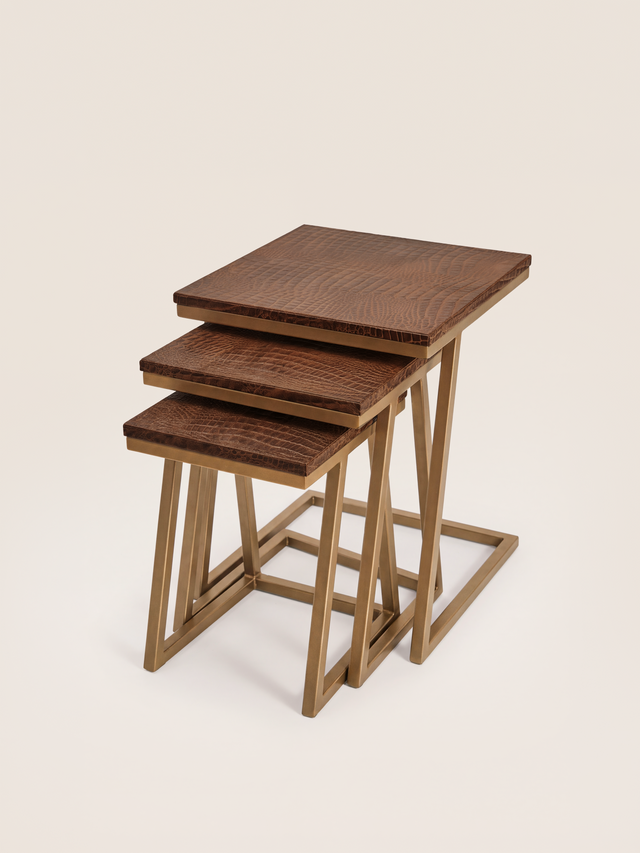 Caden Croco Print Leather Nesting Tables, Set of 3 - Tan