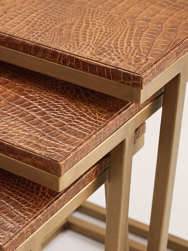 Caden Croco Print Leather Nesting Tables, Set of 3 - Tan
