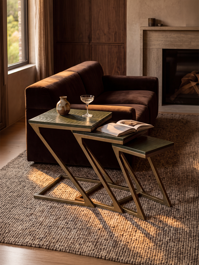 Caden Croco Print Leather Nesting Tables, Set of 3 - Olive