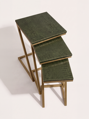 Caden Croco Print Leather Nesting Tables, Set of 3 - Olive