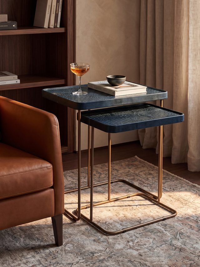 Ahal Croco Print Leather Nesting Tables, Set of 2 - Blue