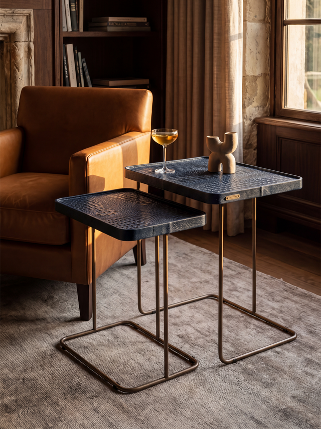 Ahal Croco Print Leather Nesting Tables, Set of 2 - Blue