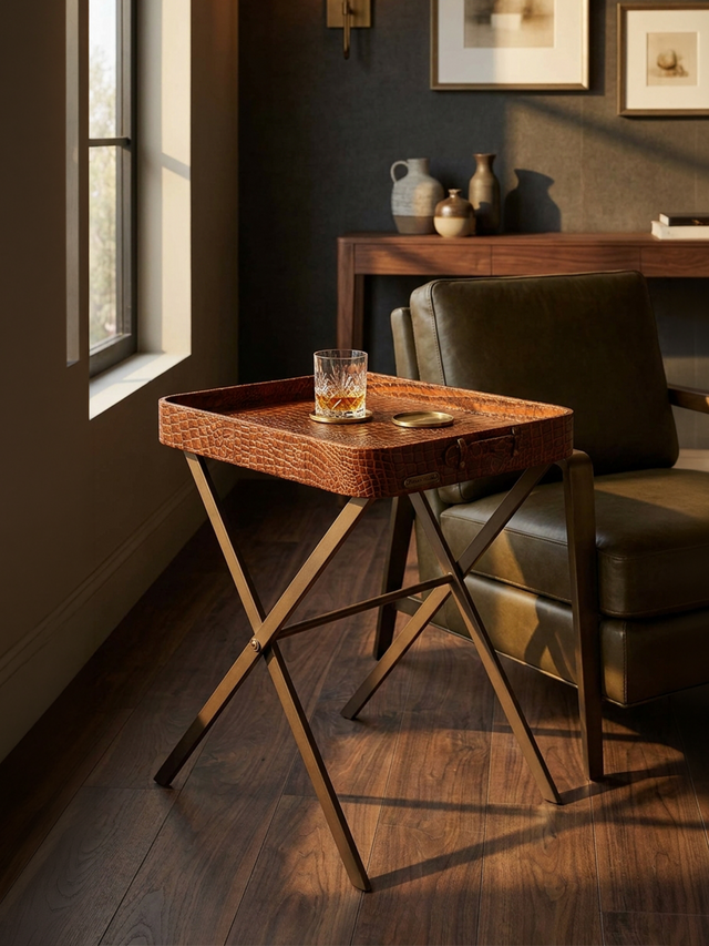 Fenn Croco Print Leather Tray Side Table - Tan
