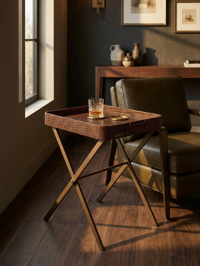 Fenn Croco Print Leather Tray Side Table - Tan