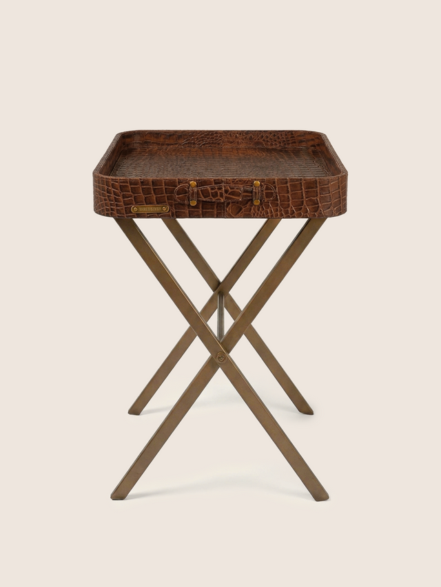 Fenn Croco Print Leather Tray Side Table - Tan