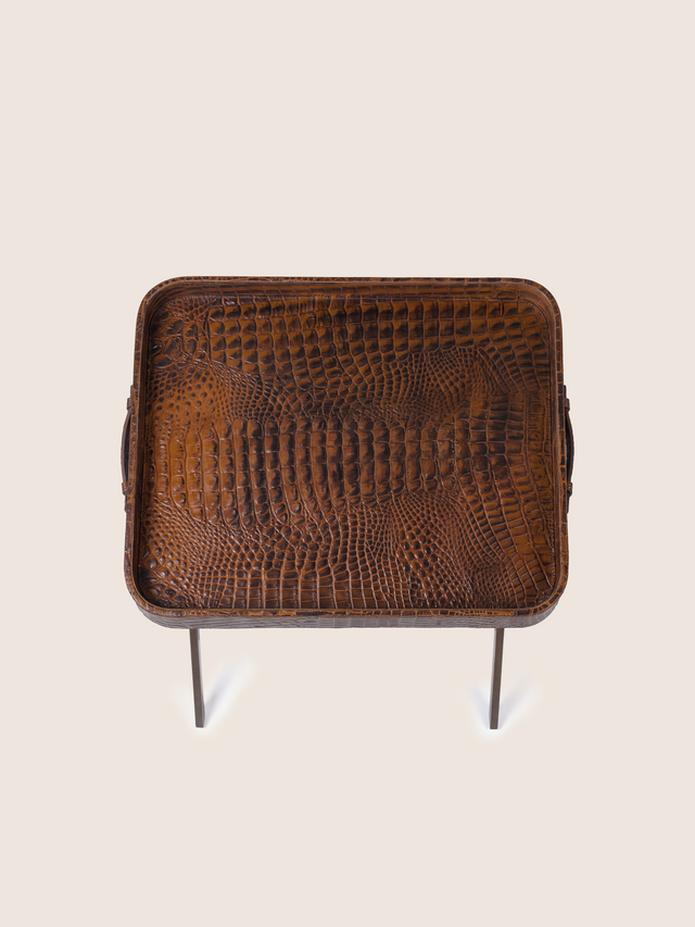 Fenn Croco Print Leather Tray Side Table - Tan