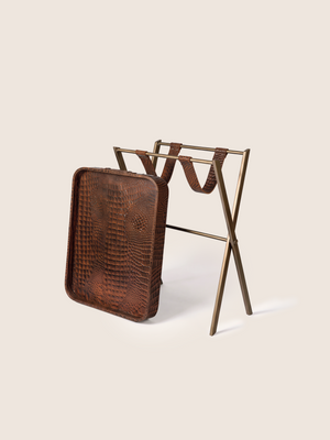 Fenn Croco Print Leather Tray Side Table - Tan