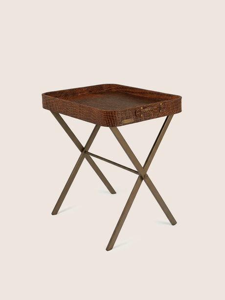 Fenn Croco Print Leather Tray Side Table - Tan