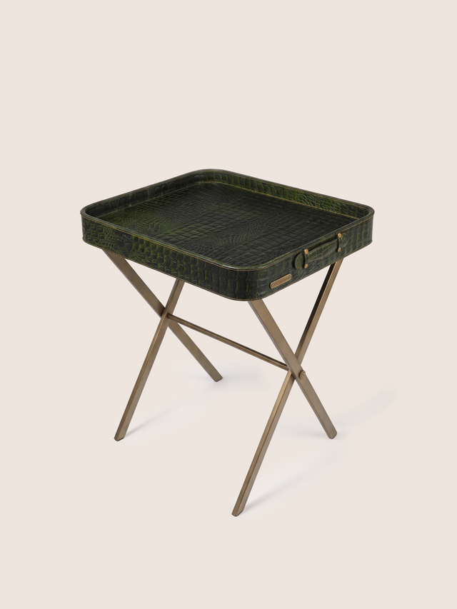 Fenn Croco Print Leather Tray Side Table - Olive