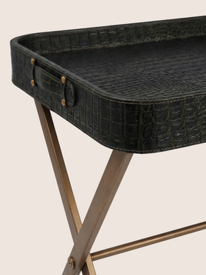 Fenn Croco Print Leather Tray Side Table - Olive