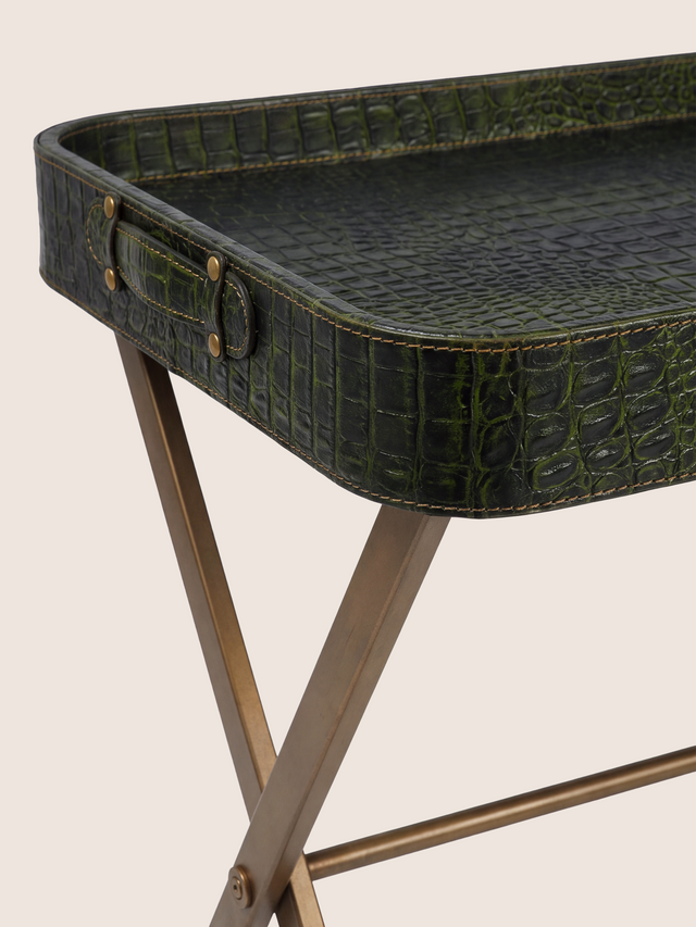 Fenn Croco Print Leather Tray Side Table - Olive