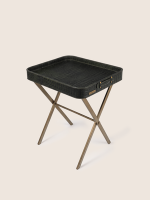 Fenn Croco Print Leather Tray Side Table - Olive