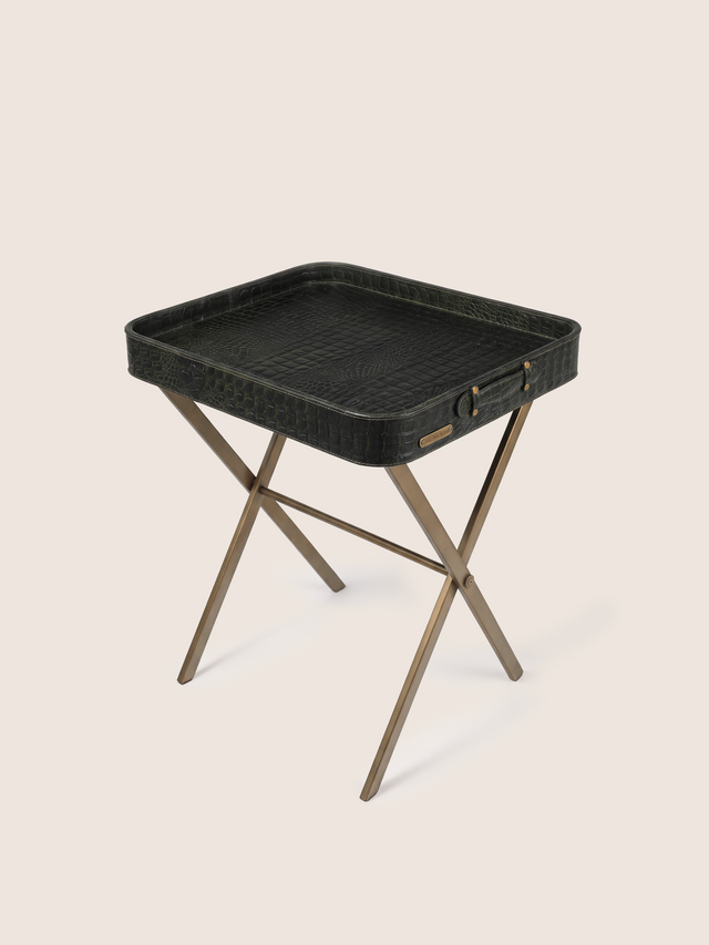 Fenn Croco Print Leather Tray Side Table - Olive